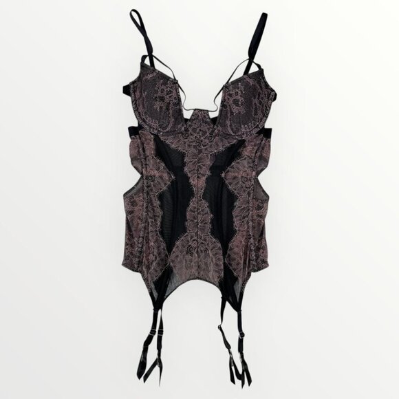 Victorias Secret Garter Corset Bustier Blk/Pink Mesh Lace Coquette Lingerie 34C - Picture 1 of 7